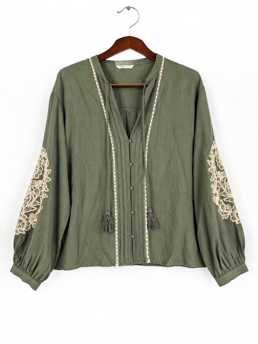 Zara Olive Green Embroidered Cotton Boho Blouse M